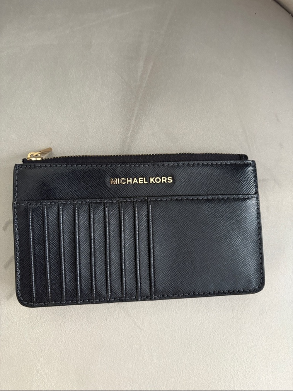 Michael Kors Black Saffiano Zip Card Case with Gold Logo